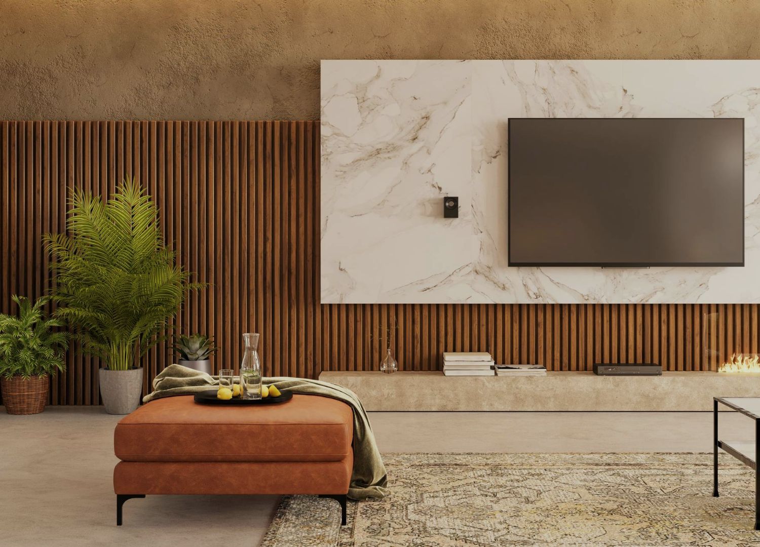 Interior com painel de madeira ripado e acabamentos sofisticados